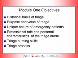 Module One Objectives
Historical basis of triage
Purpose and value of triage
Unique nature of emergency patients 
Profess