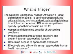 What is Triage?
The National Emergency Nurses’ Affiliation’s (2002) 
definition of triage is: ‘a sorting process utilizing 
c