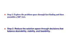 Step 1: Explore the problem space through fact finding and then 
assemble a 360º view.
Step 2: Reduce the solution space thro