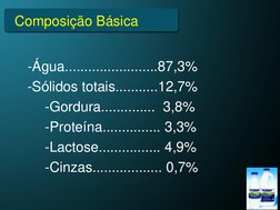 Composição Básica
-Água........................87,3%
-Sólidos totais...........12,7%
-Gordura..............  3,8%
-Proteína..