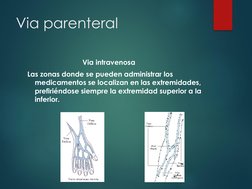 Via parenteral
Via intravenosa
Las zonas donde se pueden administrar los 
medicamentos se localizan en las extremidades, 
pre