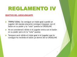 REGLAMENTO IVOBJETIVO DEL JUEGO ATACANTE
OBJETIVO DEL JUEGO ATACANTE
TRIPLE GOAL: TRIPLE GOAL: Se consigue un triple Se con
