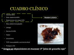 CUADRO CLÍNICO
▪Vómitos 85%
▪
Dolor abdominal83%
▪
Deposiciones con sangre 53%
▪
Masa abdominal palpable
▪
Letargo
▪
Diarrea