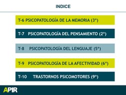 INDICE 
T-7   PSICOPATOLOGÍA DEL PENSAMIENTO (2º) 
T-8    PSICOPATOLOGÍA DEL LENGUAJE (5º) 
T-9   PSICOPATOLOGÍA DE LA AFECTI