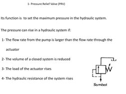 1- Pressure Relief Valve (PRV) 
Its function is  to set the maximum pressure in the hydraulic system. 
The pressure can rise
