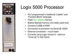 Logix 5000 Processor
•
PLC programmed in traditional “Ladder” and 
“Function Block” language
•
Flash Non Volatile memory
•
Ba