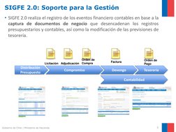 SIGFE 2.0: Soporte para la Gestión 
• SIGFE 2.0 realiza el registro de los eventos financiero contables en base a la
captura