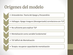 Orígenes del modelo
• Antecedentes: Teoría del Apego y Psicoanálisis
• Hallazgos: Apego inseguro (desorganizado) correlaciona