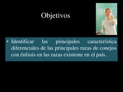 Objetivos
• Identificar
las
principales
característica
diferenciales de las principales razas de conejos
con énfasis en las r