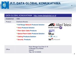 ®
2
DATA GLOBAL KOMUKATAMA   http://www.dataglobal.co.id
Established
1995
Product
Distribute Brands:
• Full Range Network Pro