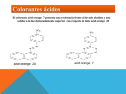 Colorantes ácidos
Colorantes ácidos
El colorante acid orange  7 presenta una resistencia frente al lavado alcalino y una 
sol