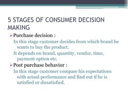 5 STAGES OF CONSUMER DECISION 
MAKING
Purchase decision :
In this stage customer decides from which brand he 
wants to buy t