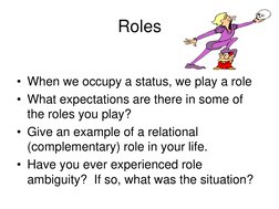 Roles
• When we occupy a status, we play a role
• What expectations are there in some of 
the roles you play?
• Give an examp