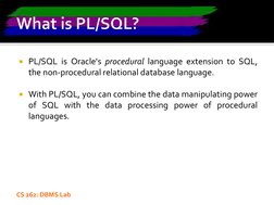 CS 262: DBMS Lab
PL/SQL is Oracle's procedural language extension to SQL,
the non-procedural relational database language.
