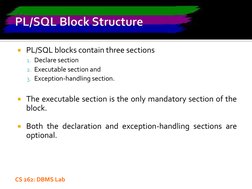 CS 262: DBMS Lab
PL/SQL blocks contain three sections
1. Declare section
2. Executable section and
3. Exception-handling sec