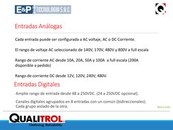 Defining Reliability
Back to Index
Entradas Análogas
Cada entrada puede ser configurada a AC voltaje, AC o DC Corriente.
El r