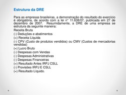 Estrutura da DRE
Para as empresas brasileiras, a demonstração do resultado do exercício
é obrigatória, de acordo com a lei n°