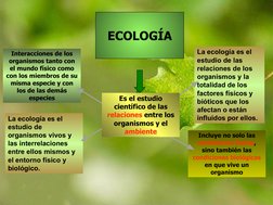La ecología es el 
estudio de 
organismos vivos y 
las interrelaciones
entre ellos mismos y 
el entorno físico y 
biológico.