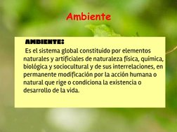Ambiente
AMBIENTE:
Es el sistema global constituido por elementos 
naturales y artificiales de naturaleza física, química, 
b