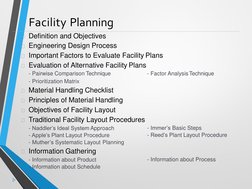 Facility Planning
Definition and Objectives
Engineering Design Process
Important Factors to Evaluate Facility Plans
Evalu