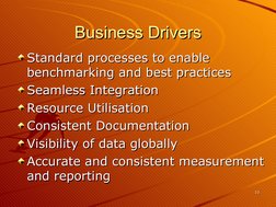 10
10
Business Drivers
Business Drivers
Standard processes to enable 
Standard processes to enable 
benchmarking and best
