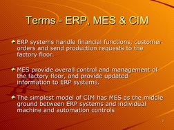 33
Terms - ERP, MES & CIM
Terms - ERP, MES & CIM
ERP systems handle financial functions, customer 
ERP systems handle fina