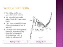 Falling wedge 
Chart pattern 
The falling wedge is a 
generally bullish pattern
It is formed when market 
makes lower lows