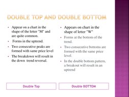 Double Top 
Double BOTTOM 
Appear on a chart in the 
shape of the letter "M" and 
are quite common. 

Forms in the uptrend.