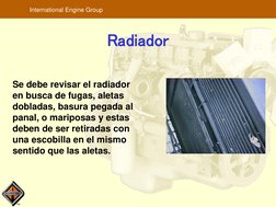 TM
International Engine Group
Radiador
Se debe revisar el radiador 
en busca de fugas, aletas 
dobladas, basura pegada al 
pa