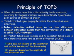 Principle of TOFD
When ultrasonic beam hits a discontinuity inside a material, 
according to Huygen’s principle, each discon