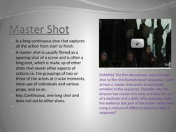 Master Shot (http://www.youtube.com/watch?v=07Z-UJDPJOs)
Is a long continuous shot that captures 
all the action from start