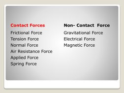 Contact Forces
Non- Contact Force 
Frictional Force
Gravitational Force
Tension Force
Electrical Force
Normal Force
Magnetic
