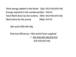 Total energy added in the boiler   (Qs) =(h3-h2)+(h5-h4)
Energy rejected in the condenser(Qr)  =h6-h1
Total Work done by the