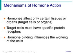 Mechanisms of Hormone Action
Slide 9.4
Copyright © 2003 Pearson Education, Inc. publishing as Benjamin Cummings
Hormones aff