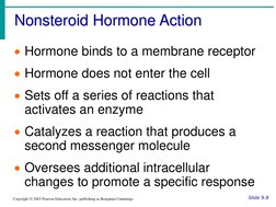 Nonsteroid Hormone Action
Slide 9.8
Copyright © 2003 Pearson Education, Inc. publishing as Benjamin Cummings
Hormone binds t