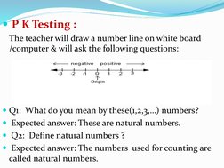 P K Testing : 
The teacher will draw a number line on white board 
/computer & will ask the following questions:
Q1:  What