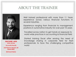 ABOUT THE TRAINER
MAYANK JAIN
ACA, B.Com
Accounts Faculty
Unit Finance Head in UK 
Based MNC
MS Excel Trainer
Well trained pr
