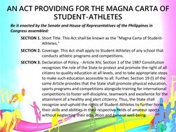 AN ACT PROVIDING FOR THE MAGNA CARTA OF 
STUDENT-ATHLETES
Be it enacted by the Senate and House of Representatives of the Phi
