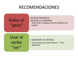 RECOMENDACIONES
•NIVELAR EXIGENCIAS
•NIVELAR LA CONFIANZA
“Esta lindo tu dibujo, pero las árboles son 
verdes”
Evitar el 
“pe