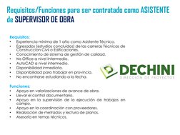 Requisitos/Funciones para ser contratado como ASISTENTE 
de SUPERVISOR DE OBRA
Requisitos:
•
Experiencia mínima de 1 año como