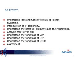 2
© 2006 Sasken Communication Technologies
OBJECTIVES
o
Understand Pros and Cons of circuit  & Packet 
switching.
o
Introduct