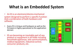 What is an Embedded System
•
An ES is an electronic/electro-mechanical
system designed to perform a specific Function 
And a