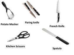 Potato Masher
Paring knife
French Knife
Kitchen Scissors
Spatula
