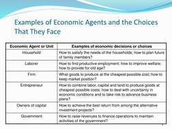 Examples of Economic Agents and the Choices 
That They Face
Economic Agent or Unit
Examples of economic decisions or choices