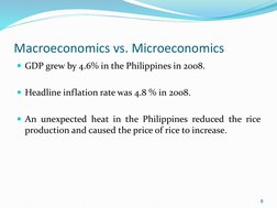 Macroeconomics vs. Microeconomics
GDP grew by 4.6% in the Philippines in 2008.
Headline inflation rate was 4.8 % in 2008.
