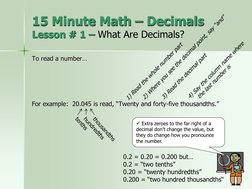 15 Minute Math – Decimals
Lesson # 1 – What Are Decimals?
To read a number…
For example:  20.045 is read, “Twenty and forty-f