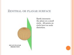ZENITHAL OR PLANAR SURFACE
Earth intersects
the plane on a small
circle.  All points on 
circle have no scale 
distortion.
