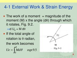 9
4-1 External Work & Strain Energy
The work of a moment  = magnitude of the 
moment (M) x the angle (d) through which 
it