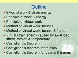 1
Outline
External work & strain energy
Principle of work & energy
Principle of virtual work
Method of virtual work: trus