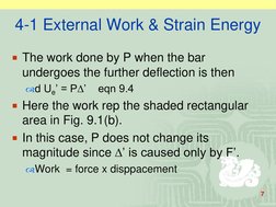 7
4-1 External Work & Strain Energy
The work done by P when the bar 
undergoes the further deflection is then 
d Ue’ = P’